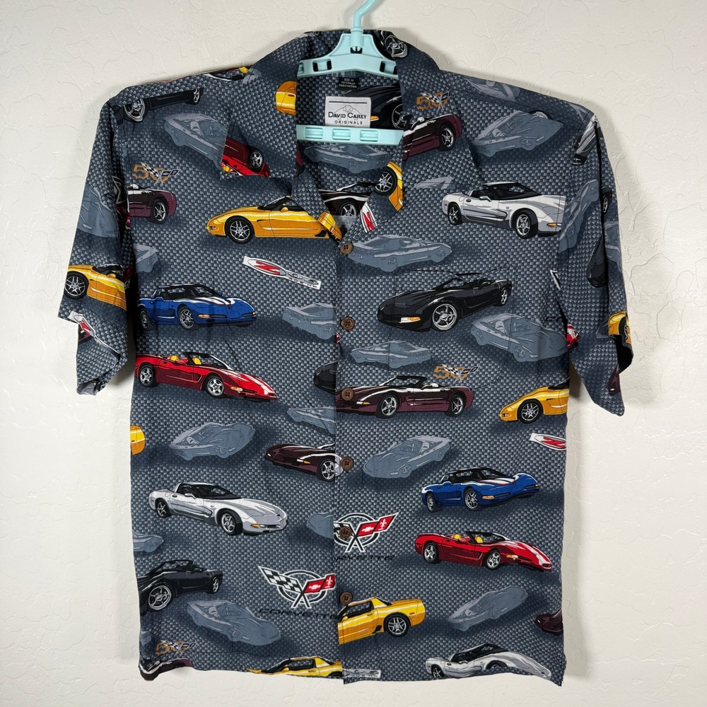 David Carey Corvette Shirt Mens Medium Gray Rayon Button Up All Over Print Car
